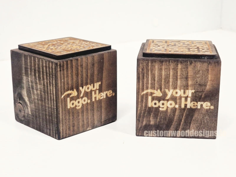 Load image into Gallery viewer, QR Code Block 3 sides Stained & Branded 10-1000 Custom Wood Designs CUCED4_1