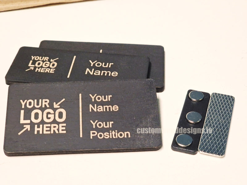 Load image into Gallery viewer, Black Birch Name Badges MOQ 10pcs Bespoke Made Custom Wood Designs __label: Multibuy retail CustomWoodDesignsIrelandCustommadewoodennamebadgescorporatenamebadgesecofriendlynamebadgesustainablewoodennamebadgeengravednamebadgesCWD2023_22