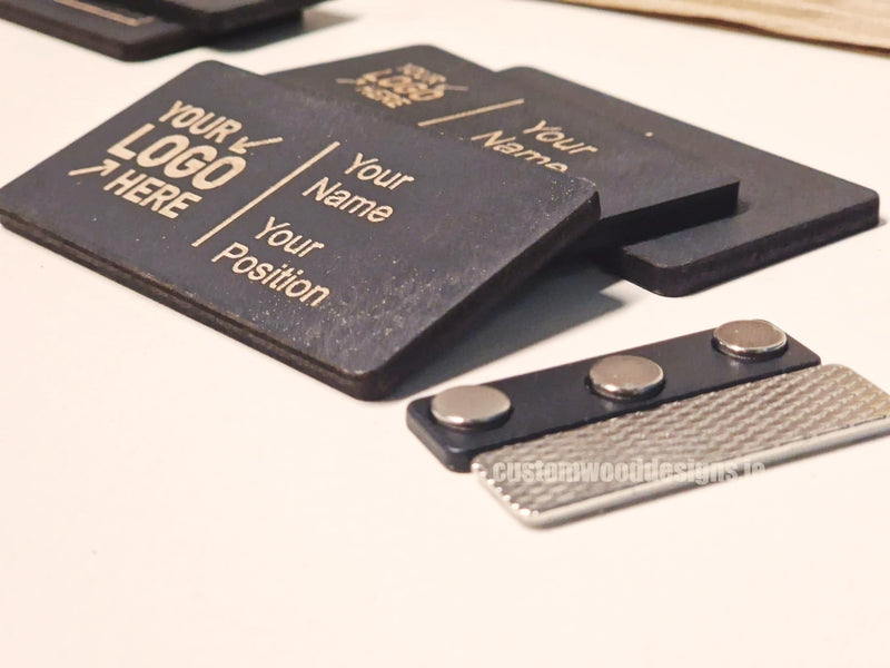 Load image into Gallery viewer, Black Birch Name Badges MOQ 10pcs Bespoke Made Custom Wood Designs __label: Multibuy retail CustomWoodDesignsIrelandCustommadewoodennamebadgescorporatenamebadgesecofriendlynamebadgesustainablewoodennamebadgeengravednamebadgesCWD2023_8