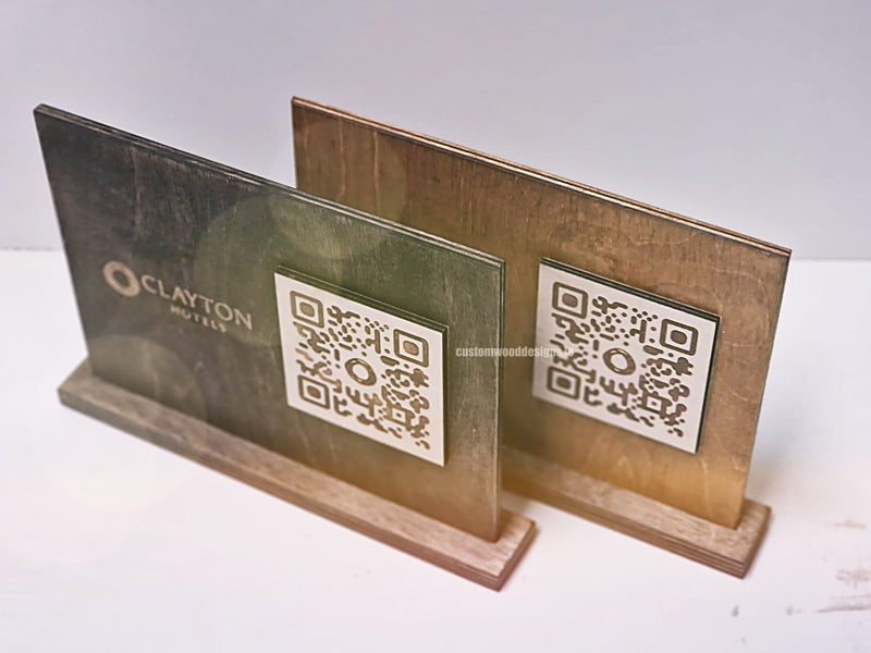 Load image into Gallery viewer, QR Display Stands A5 Brown Birch 10-1000 Custom Wood Designs CustomWoodDesignsIrelandQRStandsWoodenQRcodesHospitalityQRCodesNaturalWoodQRcodesQRdisplaystands_3_1ca9815c-6ab5-455e-aed1-e05ecc5dfc9a