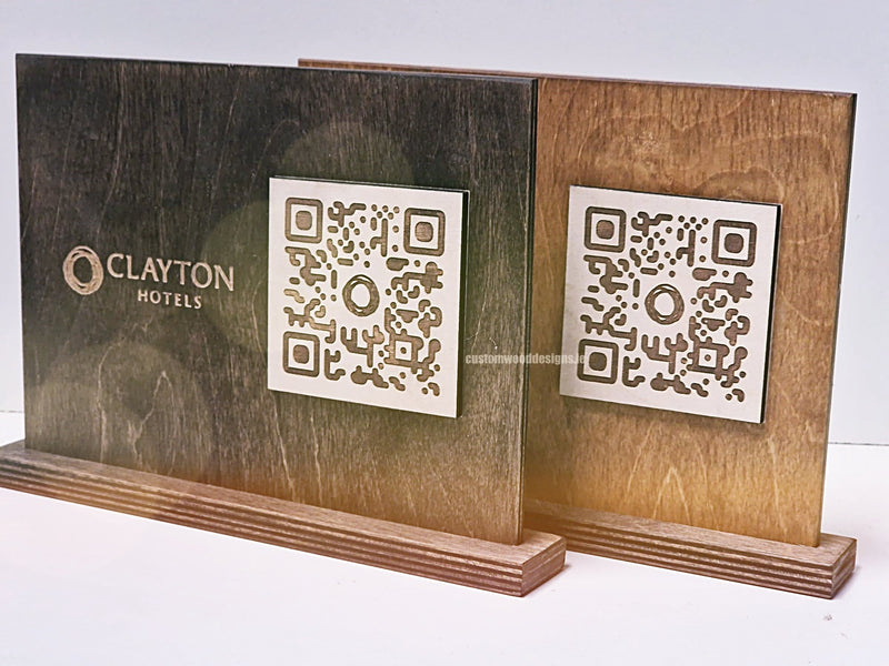 Load image into Gallery viewer, QR Display Stands A5 Brown Birch 10-1000 Custom Wood Designs CustomWoodDesignsIrelandQRStandsWoodenQRcodesHospitalityQRCodesNaturalWoodQRcodesQRdisplaystands_7_c3de7faa-0e08-45a8-b545-cc162559c189