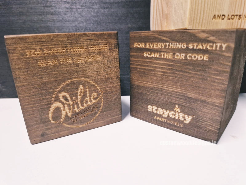 Load image into Gallery viewer, QR Code Block 3 sides Stained & Branded 10-1000 Custom Wood Designs CustomWoodDesignsIrelandStayCityWoodQRcodeBlocksWoodbrandingIrelandHospitalitysignsIrelandQRCodesIreland_5