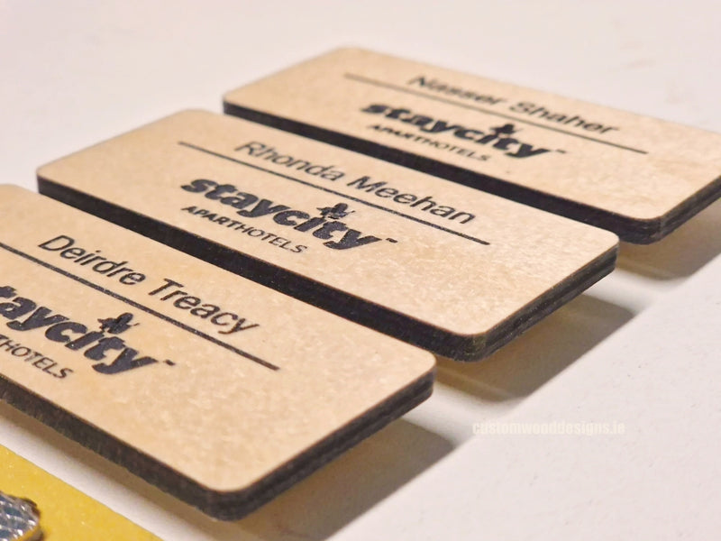 Load image into Gallery viewer, Blonde Birch Name Badges MOQ 10pcs Bespoke Made Custom Wood Designs __label: Multibuy CustomWoodDesignsIrelandd1ec8cd4-583f-44f1-ae52-6a2d071ec466