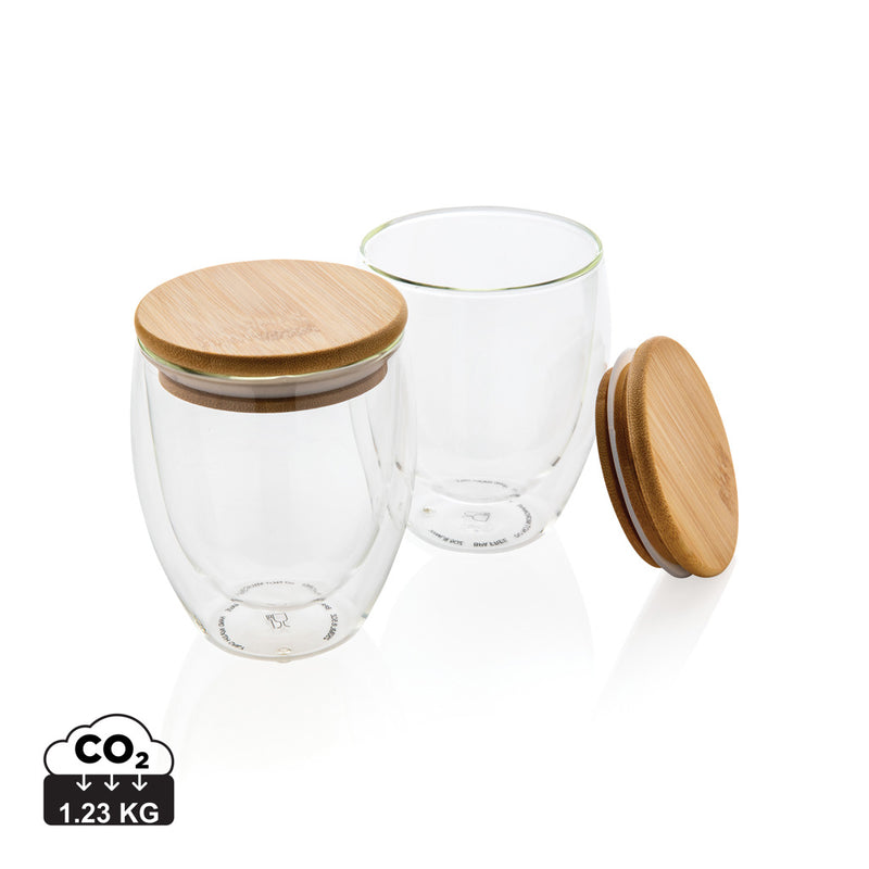 Load image into Gallery viewer, Double wall borosilicate glass with bamboo lid 250ml 2pc set - Custom Wood Designs