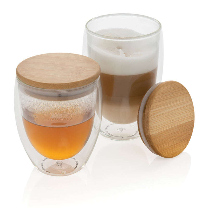 Load image into Gallery viewer, Double wall borosilicate glass with bamboo lid 350ml 2pc set - Custom Wood Designs