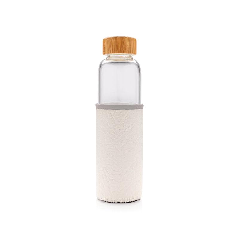 Load image into Gallery viewer, Glass bottle 550ml with bamboo lid & textured PU sleeve pack of 25 White/Grey Custom Wood Designs __label: Multibuy black-glass-bottle-550ml-with-bamboo-lid-textured-pu-sleeve-pack-of-25-53613712736599