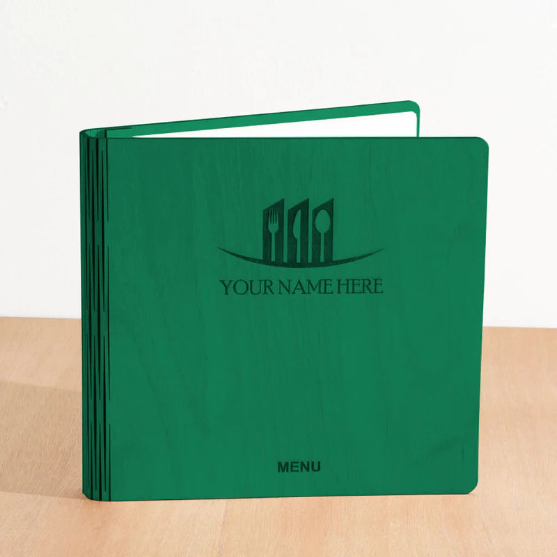 Load image into Gallery viewer, 20 x Personalised Wood Menus 20x20cm Custom Wood Designs __label: Multibuy customwooddesignshospitalitygreenmenubook