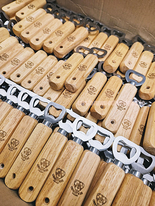 50 x Bottle opener w/wooden handle Custom Wood Designs __label: Multibuy 50-x-branded-50-x-bottle-opener-w-wooden-handle-53612765839703