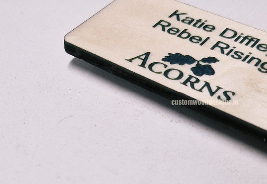 Blonde Birch Name Badges MOQ 10pcs Bespoke Made Custom Wood Designs __label: Multibuy CustomWoodDesignsIrelandLaserengravedwoodenNameBadges_27