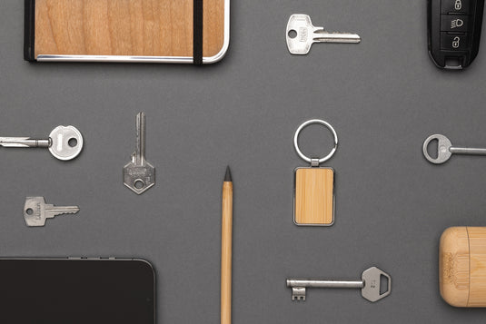 RCS recycled zinc alloy rectangle keychain with bamboo - Custom Wood Designs