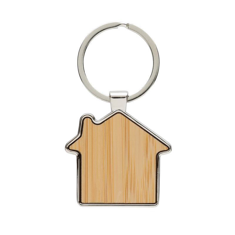 Load image into Gallery viewer, RCS recycled zinc alloy house keychain with bamboo - Custom Wood Designs
