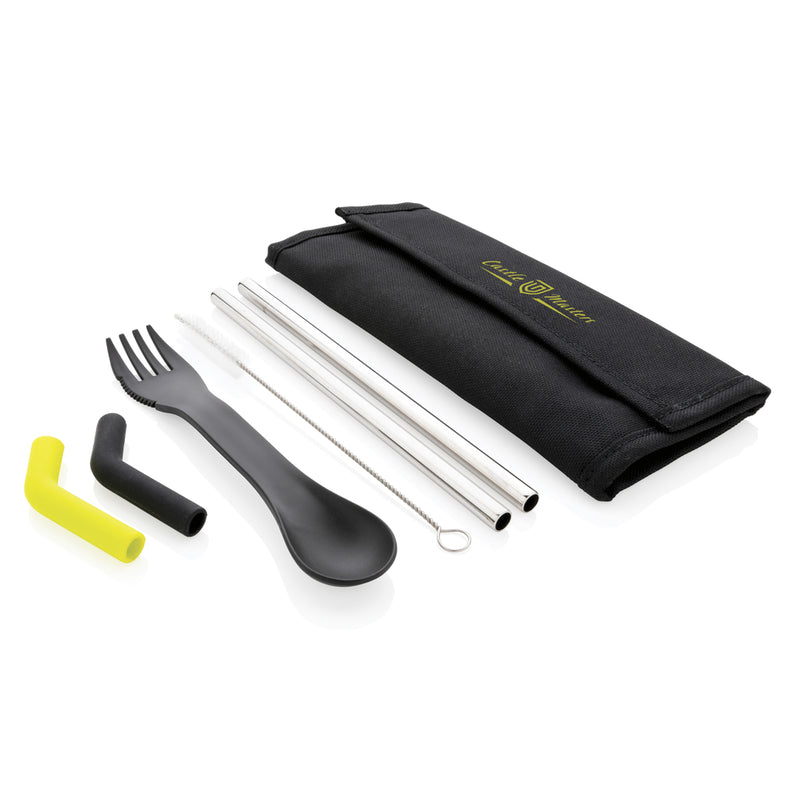 Load image into Gallery viewer, Tierra 2pcs straw and cutlery set in pouch - Custom Wood Designs
