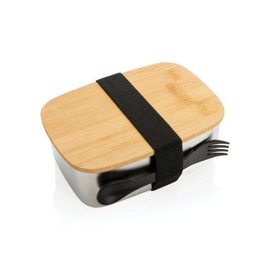 Stainless steel lunchbox with bamboo lid and spork - Custom Wood Designs