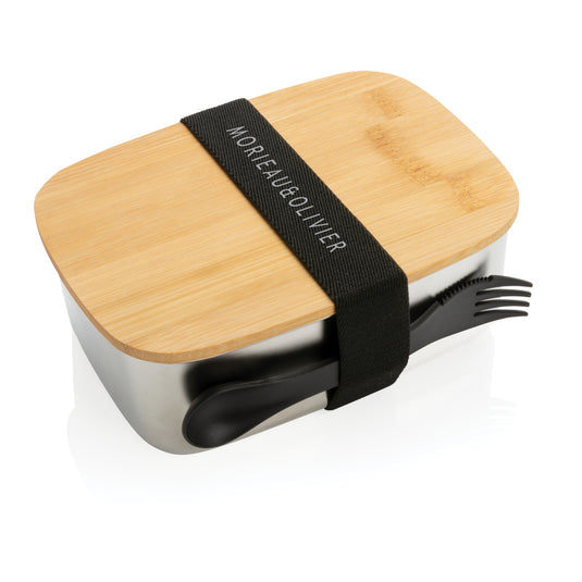 Stainless steel lunchbox with bamboo lid and spork - Custom Wood Designs
