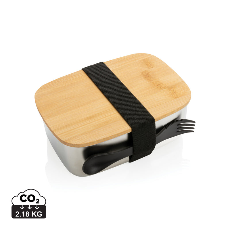 Load image into Gallery viewer, Stainless steel lunchbox with bamboo lid and spork - Custom Wood Designs
