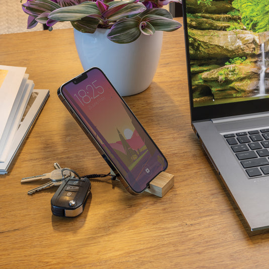 Standkey bamboo keychain phone stand - Custom Wood Designs