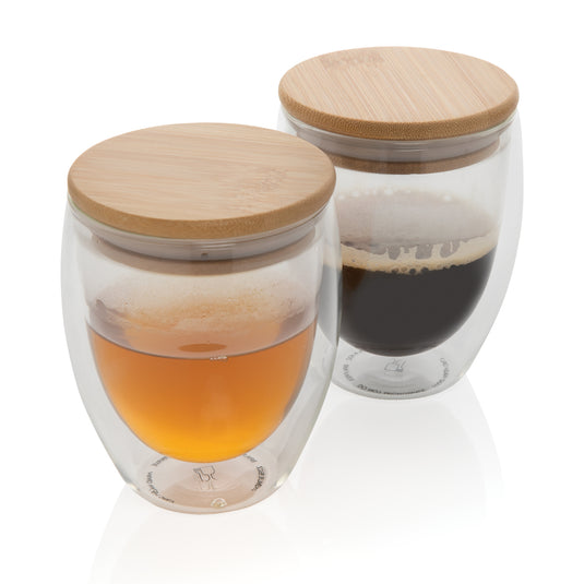 Double wall borosilicate glass with bamboo lid 250ml 2pc set - Custom Wood Designs
