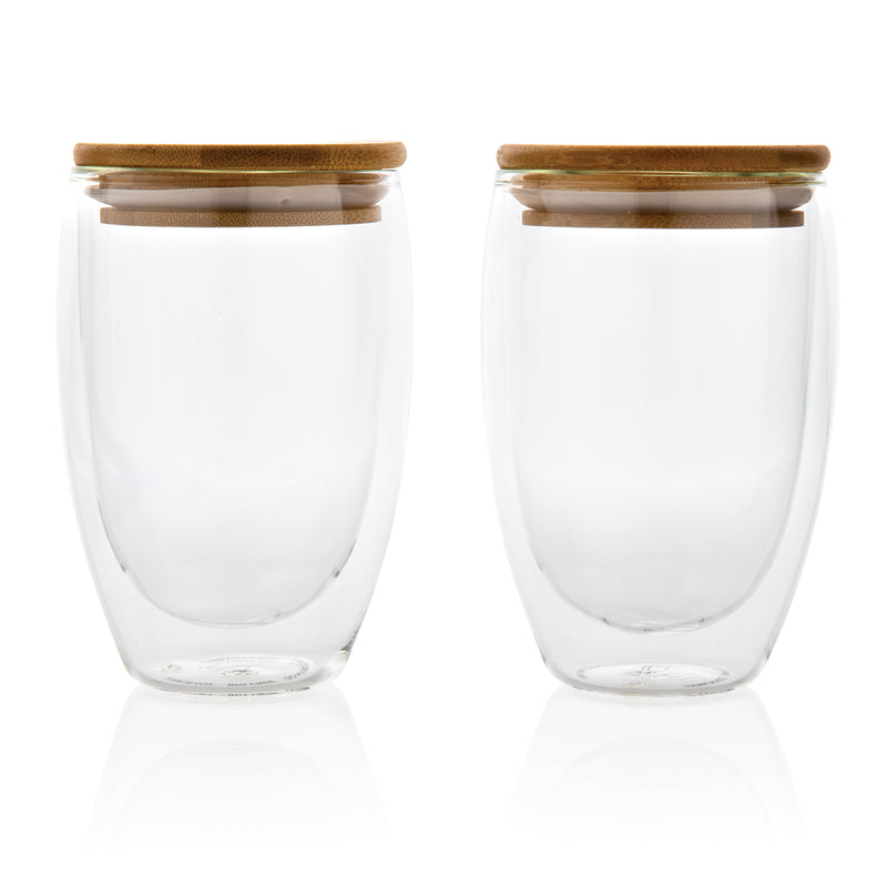 Load image into Gallery viewer, Double wall borosilicate glass with bamboo lid 350ml 2pc set - Custom Wood Designs
