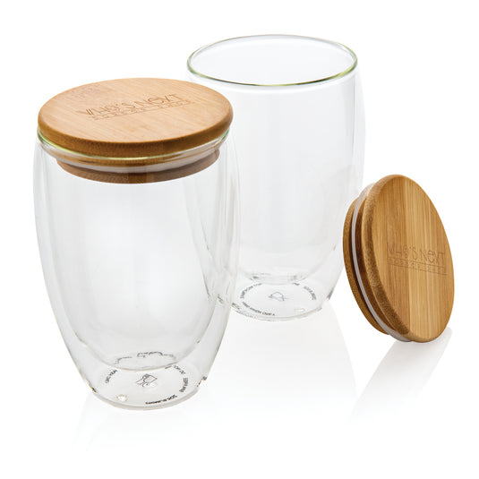 Double wall borosilicate glass with bamboo lid 350ml 2pc set - Custom Wood Designs