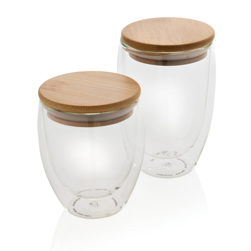 Load image into Gallery viewer, Double wall borosilicate glass with bamboo lid 350ml 2pc set - Custom Wood Designs
