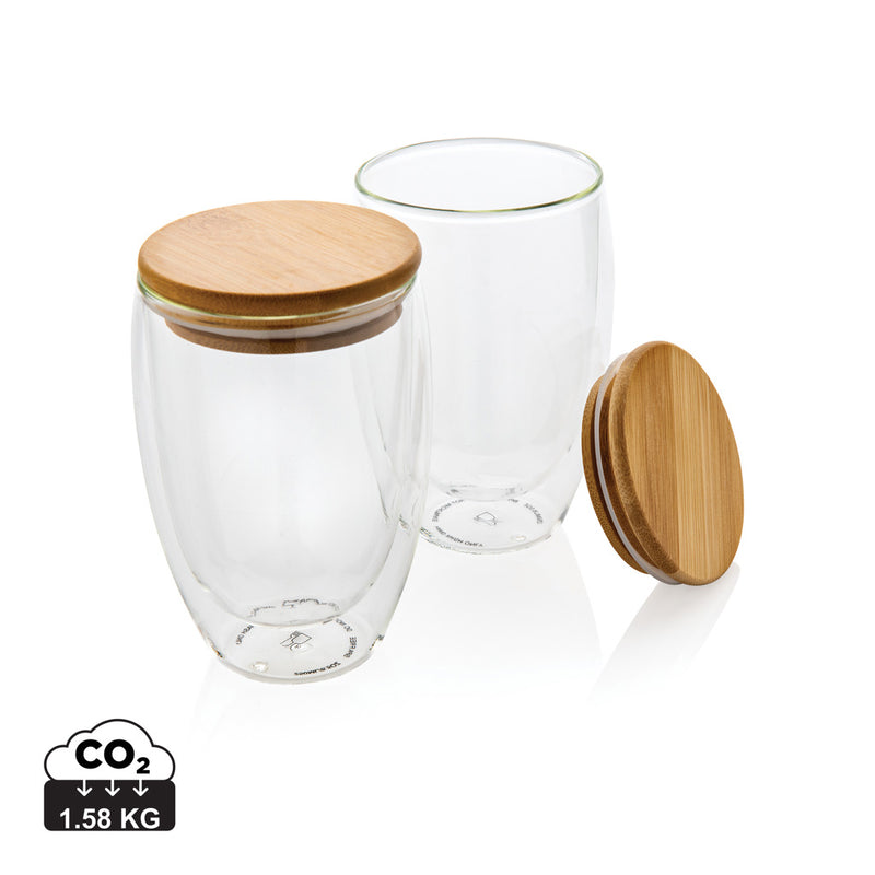 Load image into Gallery viewer, Double wall borosilicate glass with bamboo lid 350ml 2pc set - Custom Wood Designs
