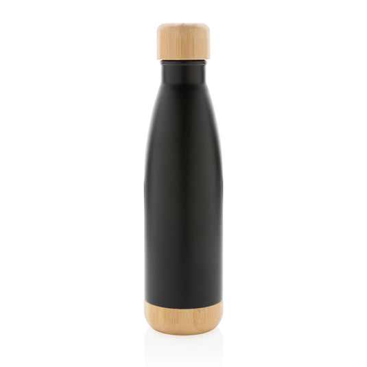 Vacuum stainless steel bottle with bamboo lid and bottom - Custom Wood Designs