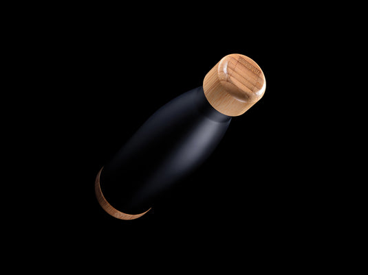 Vacuum stainless steel bottle with bamboo lid and bottom - Custom Wood Designs
