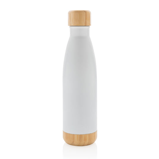 Vacuum stainless steel bottle with bamboo lid and bottom - Custom Wood Designs