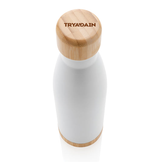 Vacuum stainless steel bottle with bamboo lid and bottom - Custom Wood Designs