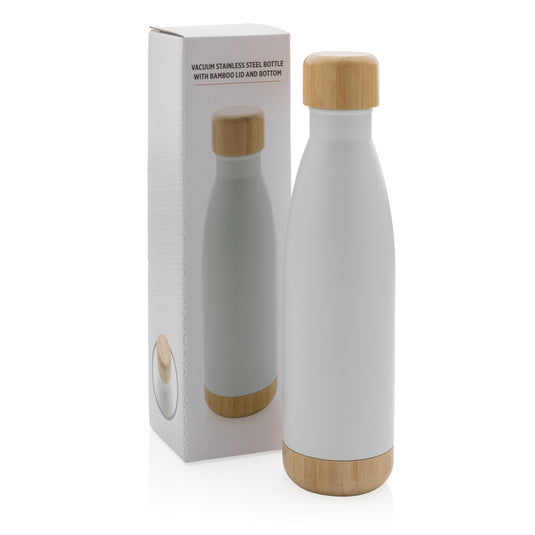 Vacuum stainless steel bottle with bamboo lid and bottom - Custom Wood Designs