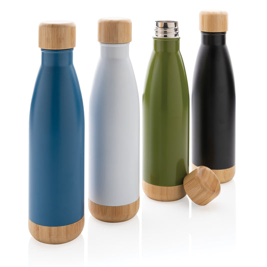 Vacuum stainless steel bottle with bamboo lid and bottom - Custom Wood Designs