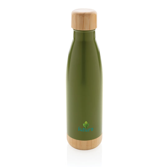Vacuum stainless steel bottle with bamboo lid and bottom - Custom Wood Designs