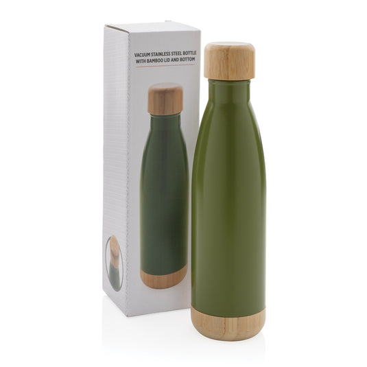 Vacuum stainless steel bottle with bamboo lid and bottom - Custom Wood Designs