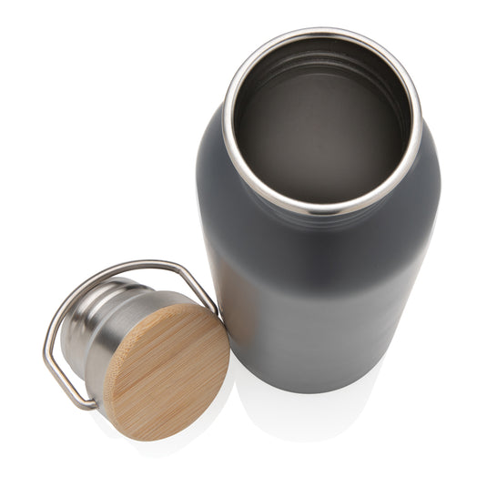 Modern stainless steel bottle with bamboo lid - Custom Wood Designs