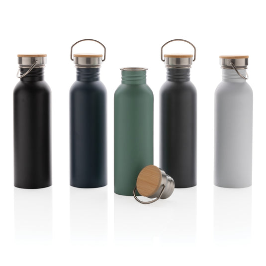 Modern stainless steel bottle with bamboo lid - Custom Wood Designs