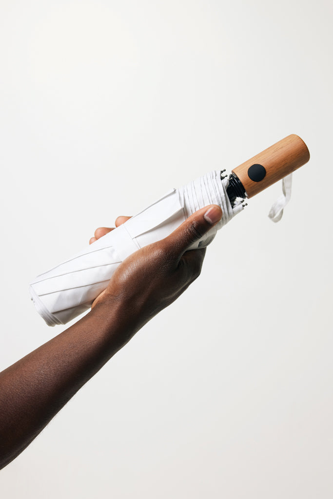 Load image into Gallery viewer, Kaycey 21&quot; AWARE™ RPET Acacia wood mini auto open umbrella - Custom Wood Designs
