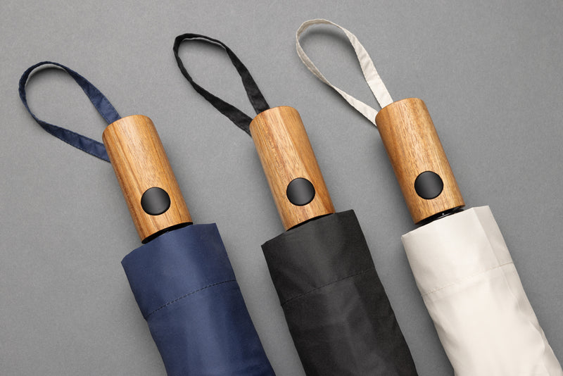 Load image into Gallery viewer, Kaycey 21&quot; AWARE™ RPET Acacia wood mini auto open umbrella - Custom Wood Designs
