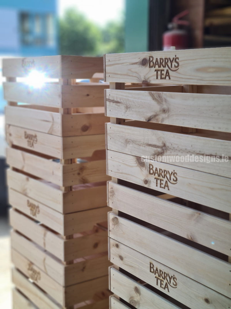Load image into Gallery viewer, Large Pine Wood Crate 46 X 31 X 25cm pack of 10 Crate pin batch_BarrysTeaCratesIrelandCustomWoodDesignsPromotionalBrandingWoodworkingEngravingLaser_1
