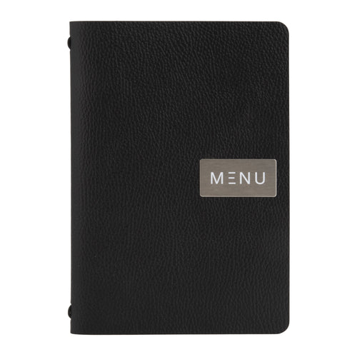 Black A5 leather menu with logo 