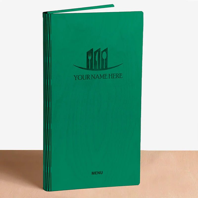 Load image into Gallery viewer, 20 x Wood Menu 20x40cm Green Custom Wood Designs __label: Multibuy greenwoodenmenu.hospitality.customwooddesigns.
