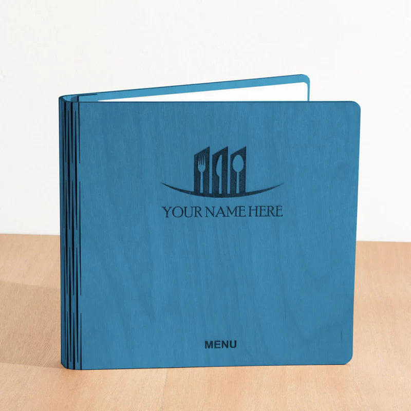 Load image into Gallery viewer, 20 x Personalised Wood Menus 20x20cm Blue Custom Wood Designs __label: Multibuy walnut-20-x-wood-menus-20x20cm-53612680937815
