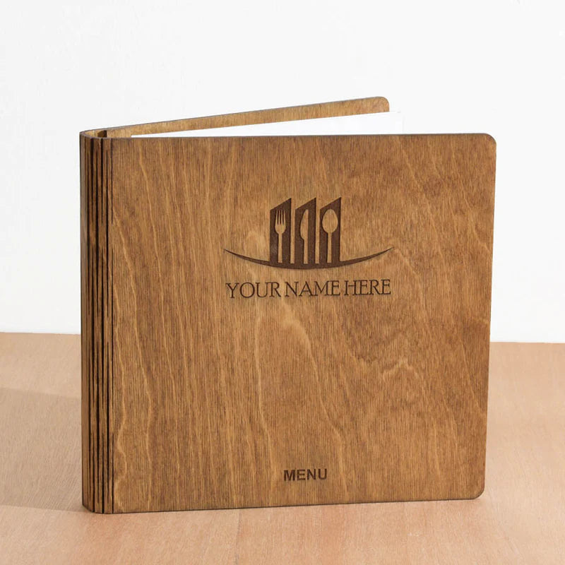 Load image into Gallery viewer, 20 x Personalised Wood Menus 20x20cm Walnut Custom Wood Designs __label: Multibuy walnutmenubook20x20cmcustomwooddesignshospitality
